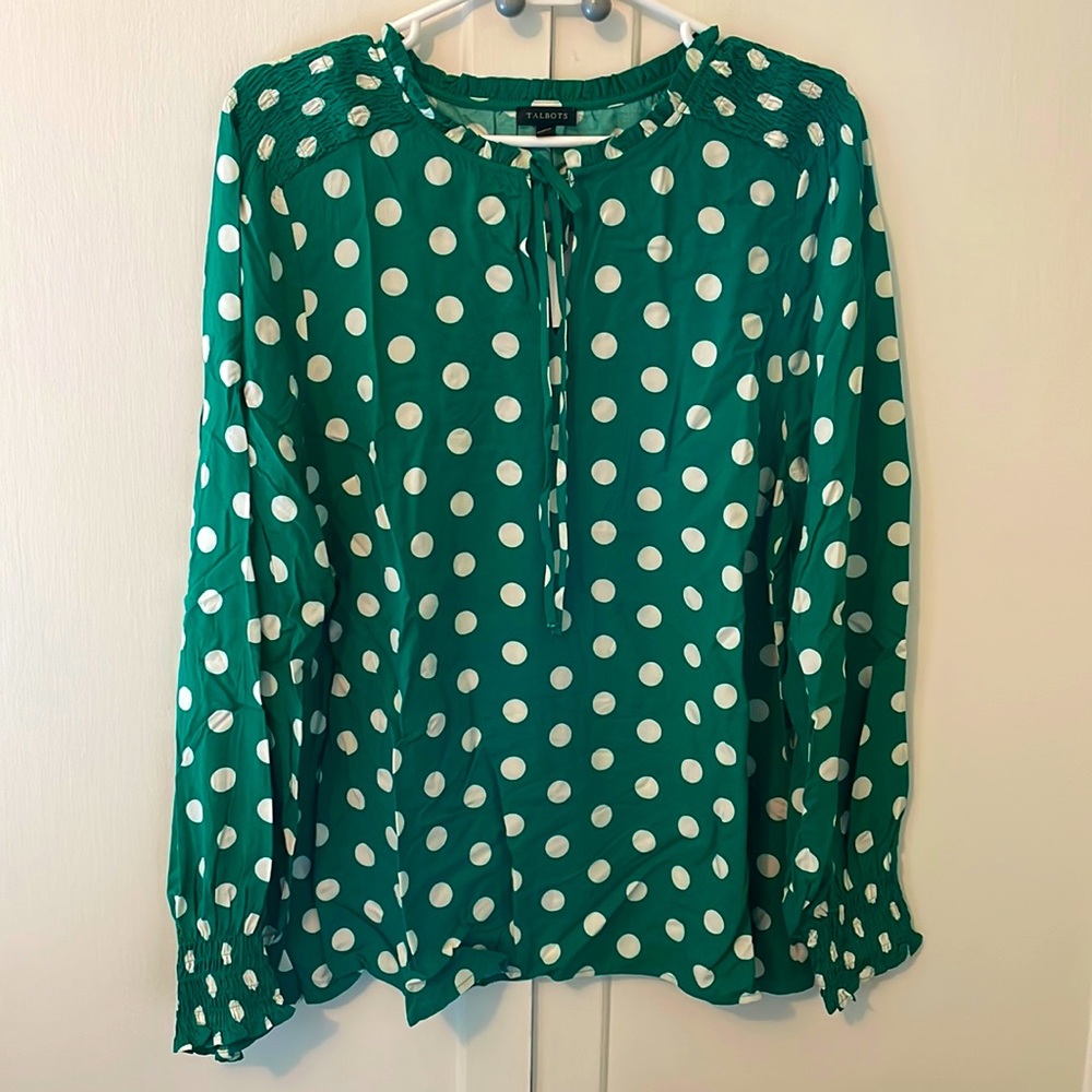 Talbots green polka dot spring top